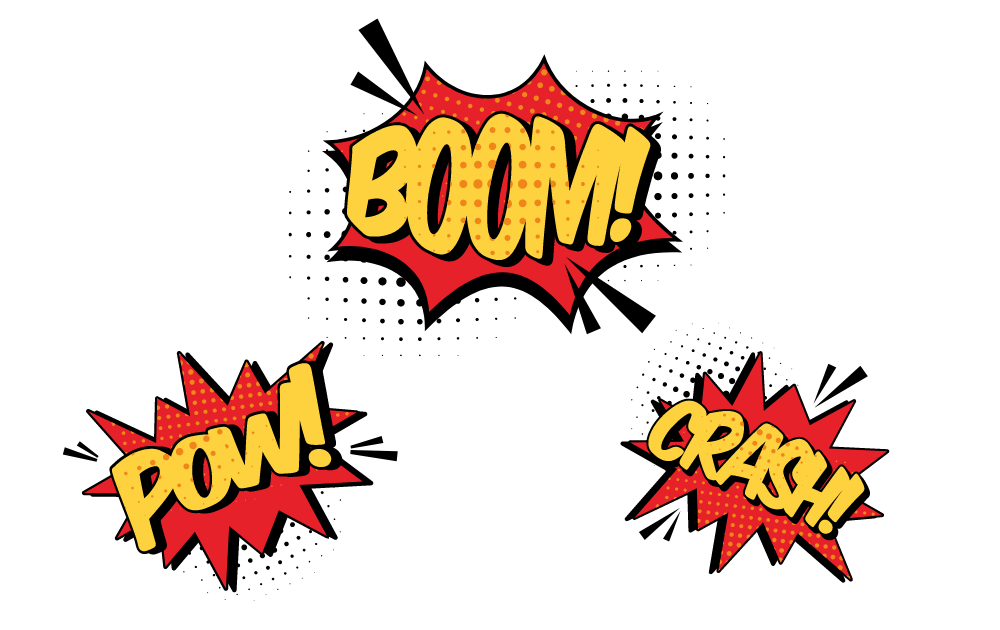 Comic book styled graphics. Text: POW! BOOM! CRASH!